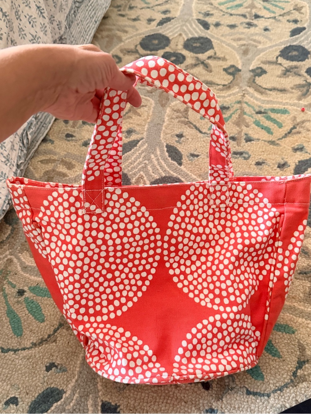 See Design Orange Polka Dot Canvas Tote Bag with Round base. Approx 15”x12”10”